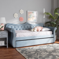 Baxton Studio Abbie-Light Blue Velvet-Daybed-T/T Abbie Traditional and Transitional Light Blue Velvet Fabric Upholstered and Crystal Tufted Twin Size Daybed with Trundle